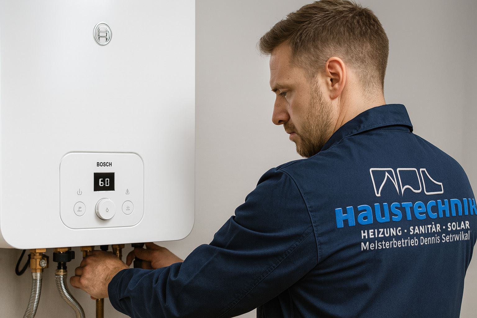 Mitarbeiter Schwikal Haustechnik installiert eine Brennwerttherme