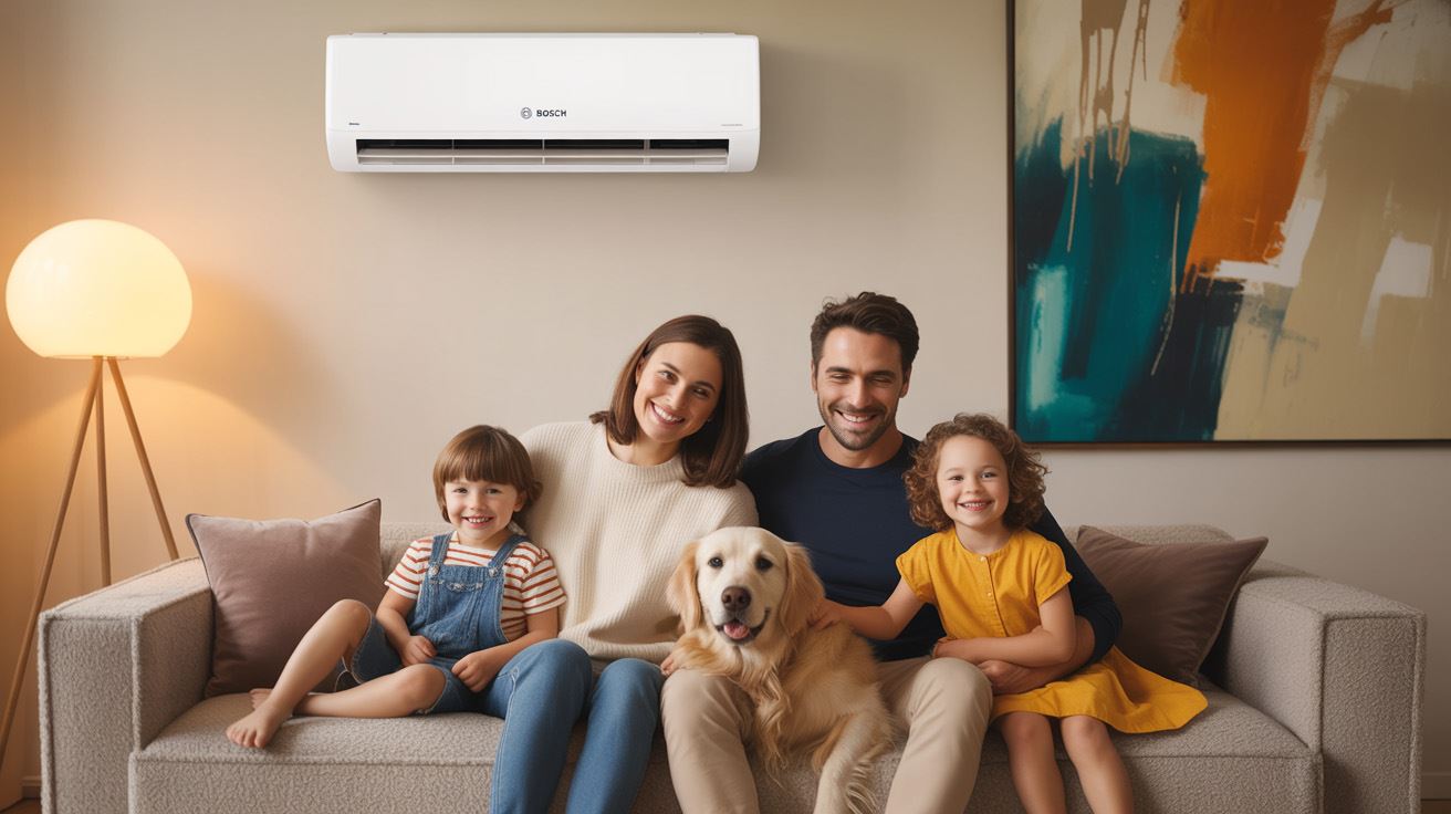 Familie in der Wohnstube , an der Wand eine Bosch Klimaanlage
