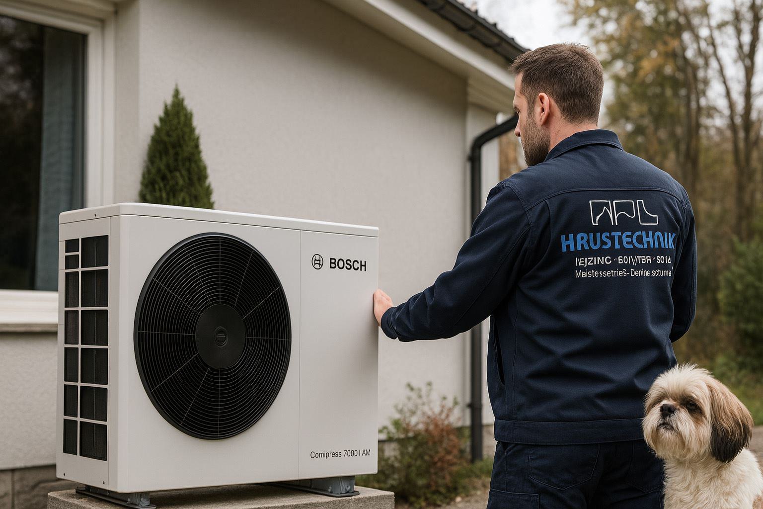 Mitarbeiter installiert Wärmepumpe